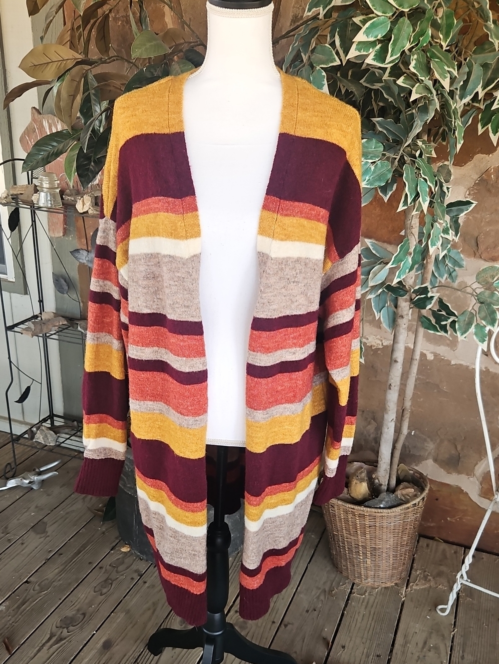 Time and Tru Open-Front Striped Cardigan in Mustard, Maroon & Rust